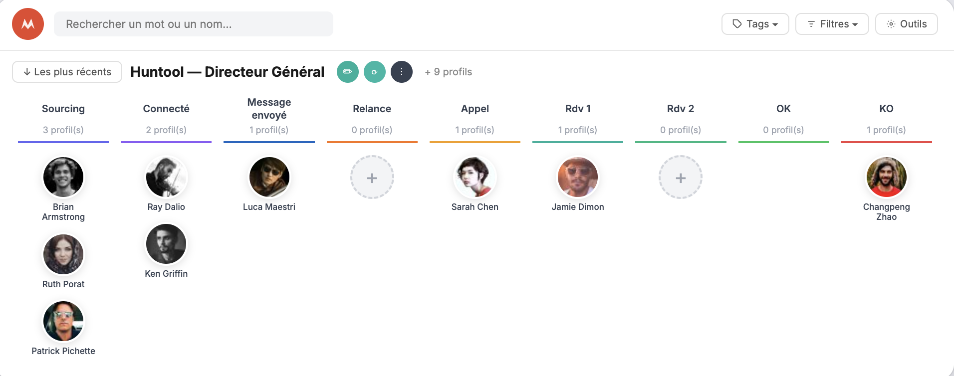 Kanban de suivi des missions de recrutement